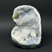 Load image into Gallery viewer, 3.7” Clear Apophyllite + Golden Calcite on Druzy Blue Chalcedony Stalactites— Deccan Traps, Maharashtra, India