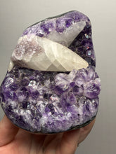 Load image into Gallery viewer, Druzy Amethyst on White Cathedral Calcite on Amethyst Cluster | Uruguay