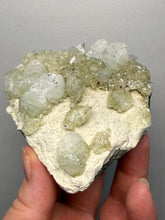 Load image into Gallery viewer, High-Grade Gemmy Green Apophyllite on White Stilbite | Deccan Traps, Maharashtra, India
