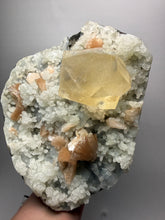 Load image into Gallery viewer, XXL Museum-Quality Golden Optical Calcite & Red Heulandite Encrusted Pink Stilbite on Druzy Chalcedony | India | Mineral Display Showpiece Specimen