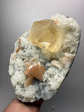 Load image into Gallery viewer, XXL Museum-Quality Golden Optical Calcite & Red Heulandite Encrusted Pink Stilbite on Druzy Chalcedony | India | Mineral Display Showpiece Specimen