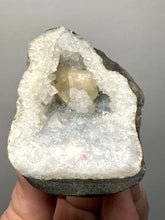 Load image into Gallery viewer, Golden Calcite on Blue Druzy Quartz — Deccan Traps, Maharashtra, India | Collector Display Specimen