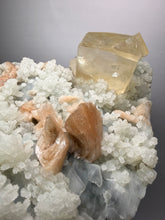 Load image into Gallery viewer, XXL Museum-Quality Golden Optical Calcite & Red Heulandite Encrusted Pink Stilbite on Druzy Chalcedony | India | Mineral Display Showpiece Specimen