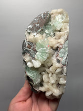 Load image into Gallery viewer, High-Grade Gemmy Green Apophyllite on White Stilbite | Deccan Traps, Maharashtra, India