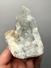 Load image into Gallery viewer, 3.6” Clear Apophyllite + Golden Calcite on Druzy Blue Chalcedony — Deccan Traps, Maharashtra, India