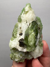 Load image into Gallery viewer, Electric Green Diopside on Quartz – Collector Mineral Specimen (Gilgit-Baltistan) Pakistan