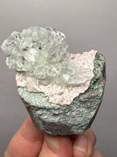 Load image into Gallery viewer, Light Mint Green “Disco Ball” Radial Apophyllite on Pink & Green Heulandite — Deccan Traps, India