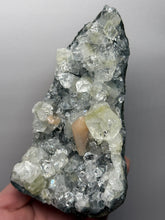 Load image into Gallery viewer, High-Grade Green Apophyllite with Pink Stilbite on Black Chalcedony – Deccan Traps, India