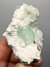 Load image into Gallery viewer, High-Grade Gemmy Green Apophyllite on White Stilbite | Deccan Traps, Maharashtra, India