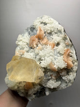 Load image into Gallery viewer, XXL Museum-Quality Golden Optical Calcite & Red Heulandite Encrusted Pink Stilbite on Druzy Chalcedony | India | Mineral Display Showpiece Specimen