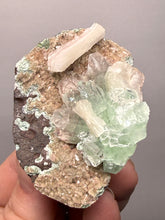 Load image into Gallery viewer, Light Mint Green Apophyllite & Stilbite on Pink & Green Heulandite — Deccan Traps, India