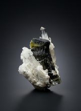 Load image into Gallery viewer, Self-healed Blue and Green Cap Stak Nala Tourmaline w Double Terminated Quartz on Cleavelandite Matrix – Haramosh Mountains, Pakistan