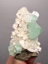 Load image into Gallery viewer, High-Grade Gemmy Green Apophyllite on White Stilbite | Deccan Traps, Maharashtra, India