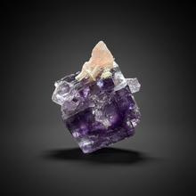Load image into Gallery viewer, Rhodochrosite + Quartz on Purple Isometric Fluorite (Thumbnail Specimen) | Wutong Mine, China