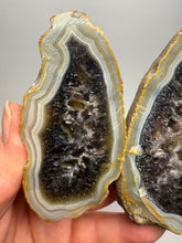 Load image into Gallery viewer, High-Grade Indonesian Sumatra Agate Pair – Rich Banded Chalcedony with Deep Smoky Amethyst Core | Ethical Lapidary & Collector Display Specimens