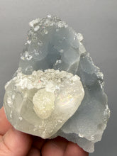 Load image into Gallery viewer, Clear Apophyllite + Golden Calcite on Druzy Blue Chalcedony — Deccan Traps, Maharashtra, India