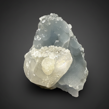 Load image into Gallery viewer, Clear Apophyllite + Golden Calcite on Druzy Blue Chalcedony — Deccan Traps, Maharashtra, India