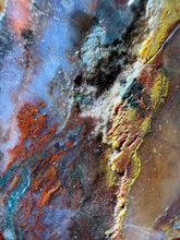 Load image into Gallery viewer, PREMIUM DISPLAY or LAPIDARY SLAB • Moroccan “Dream Landscape Jagate” (Purple, Teal, Red, Green, Red, Yellow & Orange Moss Plume Agate + Jasper) Stone • Double Sided • High Atlas Mountains • Unpolished