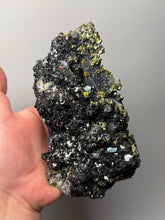 Load image into Gallery viewer, 6.1” New Find: Huanzala Mine Peru Sphalerite + Chalcopyrite + Apatite + Calcite + Quartz | Collector Display Specimen