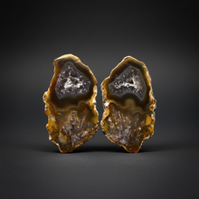 Load image into Gallery viewer, High-Grade Indonesian Sumatra Agate Pair – Vibrant Banded Chalcedony with Rich Color Zoning, Pseudomorphs, Sticks, Inclusions, Druzy Quartz Pocket | Ethical Lapidary & Collector Display Specimens