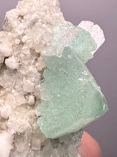 Load image into Gallery viewer, High-Grade Gemmy Green Apophyllite on White Stilbite | Deccan Traps, Maharashtra, India
