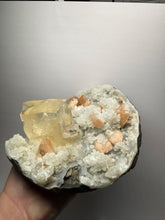 Load image into Gallery viewer, XXL Museum-Quality Golden Optical Calcite & Red Heulandite Encrusted Pink Stilbite on Druzy Chalcedony | India | Mineral Display Showpiece Specimen