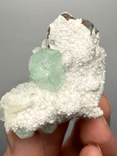 Load image into Gallery viewer, High-Grade Gemmy Green Apophyllite on White Stilbite | Deccan Traps, Maharashtra, India
