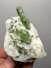 Load image into Gallery viewer, Electric Green Diopside on Quartz – Collector Mineral Specimen (Gilgit-Baltistan) Pakistan