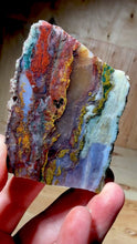 Load and play video in Gallery viewer, PREMIUM DISPLAY or LAPIDARY SLAB • Moroccan “Dream Landscape Jagate” (Purple, Teal, Red, Green, Red, Yellow & Orange Moss Plume Agate + Jasper) Stone • Double Sided • High Atlas Mountains • Unpolished
