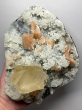 Load image into Gallery viewer, XXL Museum-Quality Golden Optical Calcite &amp; Red Heulandite Encrusted Pink Stilbite on Druzy Chalcedony | India | Mineral Display Showpiece Specimen
