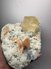 Load image into Gallery viewer, XXL Museum-Quality Golden Optical Calcite &amp; Red Heulandite Encrusted Pink Stilbite on Druzy Chalcedony | India | Mineral Display Showpiece Specimen
