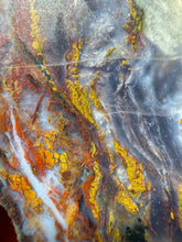 Load image into Gallery viewer, PREMIUM SELF STANDING DISPLAY or LAPIDARY SLAB • Moroccan “Dream Landscape Jagate” (Purple, Teal, Red, Green, Red, Yellow &amp; Orange Moss Plume Agate + Jasper) Stone End Cap • High Atlas Mountains • Unpolished
