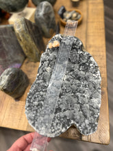 Load image into Gallery viewer, Black Druzy Chalcedony with Stilbite Bows, from India
