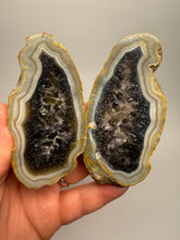 Load image into Gallery viewer, High-Grade Indonesian Sumatra Agate Pair – Rich Banded Chalcedony with Deep Smoky Amethyst Core | Ethical Lapidary &amp; Collector Display Specimens

