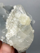 Load image into Gallery viewer, Clear Apophyllite + Golden Calcite on Druzy Blue Chalcedony — Deccan Traps, Maharashtra, India
