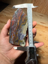 Load image into Gallery viewer, PREMIUM SELF STANDING DISPLAY or LAPIDARY SLAB • Moroccan “Dream Landscape Jagate” (Purple, Teal, Red, Green, Red, Yellow &amp; Orange Moss Plume Agate + Jasper) Stone End Cap • High Atlas Mountains • Unpolished

