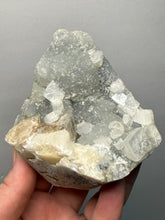 Load image into Gallery viewer, 3.6” Clear Apophyllite + Golden Calcite on Druzy Blue Chalcedony — Deccan Traps, Maharashtra, India
