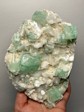 Load image into Gallery viewer, High-Grade Gemmy Green Apophyllite on White Stilbite  | Deccan Traps, Maharashtra, India

