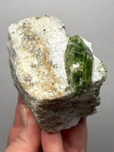 Load image into Gallery viewer, Electric Green Diopside on Quartz – Collector Mineral Specimen (Gilgit-Baltistan) Pakistan
