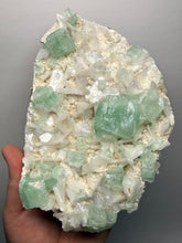 Load image into Gallery viewer, High-Grade Gemmy Green Apophyllite on White Stilbite  | Deccan Traps, Maharashtra, India
