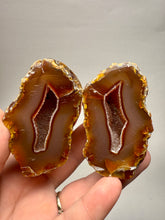 Load image into Gallery viewer, Indonesian Sumatra Agate Pair – Vibrant Banded Chalcedony with Rich Color Zoning &amp; Red Druzy Botryoidal Quartz| Ethical Lapidary &amp; Collector Display Specimens
