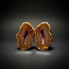 Load image into Gallery viewer, Indonesian Sumatra Agate Pair – Vibrant Banded Chalcedony with Rich Color Zoning &amp; Red Druzy Botryoidal Quartz| Ethical Lapidary &amp; Collector Display Specimens
