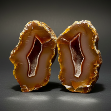 Load image into Gallery viewer, Indonesian Sumatra Agate Pair – Vibrant Banded Chalcedony with Rich Color Zoning &amp; Red Druzy Botryoidal Quartz| Ethical Lapidary &amp; Collector Display Specimens
