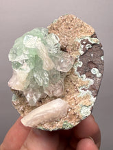 Load image into Gallery viewer, Light Mint Green Apophyllite &amp; Stilbite on Pink &amp; Green Heulandite — Deccan Traps, India
