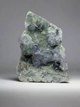 Load image into Gallery viewer, Bi-Color Purple &amp; Green Fluorite + Druzy Golden Pyrite on Druzy Silver Chalcedony • China
