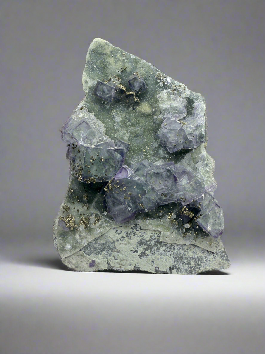 Bi-Color Purple & Green Fluorite + Druzy Golden Pyrite on Druzy Silver Chalcedony • China