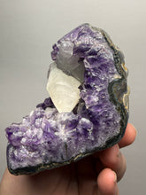 Load image into Gallery viewer, Druzy Amethyst on White Cathedral Calcite on Amethyst Cluster | Uruguay
