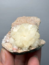 Load image into Gallery viewer, White Stilbite Flower &amp; Red Apophyllite on Peach Heulandite | Deccan Traps, India
