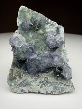 Load image into Gallery viewer, Bi-Color Purple &amp; Green Fluorite + Druzy Golden Pyrite on Druzy Silver Chalcedony • China
