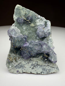 Bi-Color Purple & Green Fluorite + Druzy Golden Pyrite on Druzy Silver Chalcedony • China